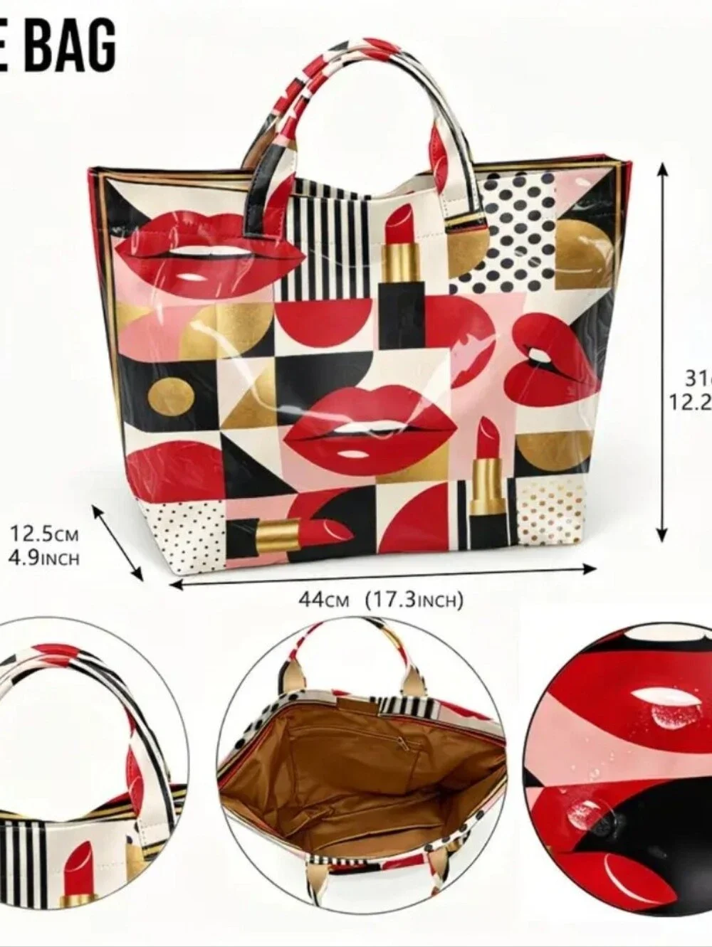 Women Retro Polka Dot Lipstick Print PVC Large Tote Bag